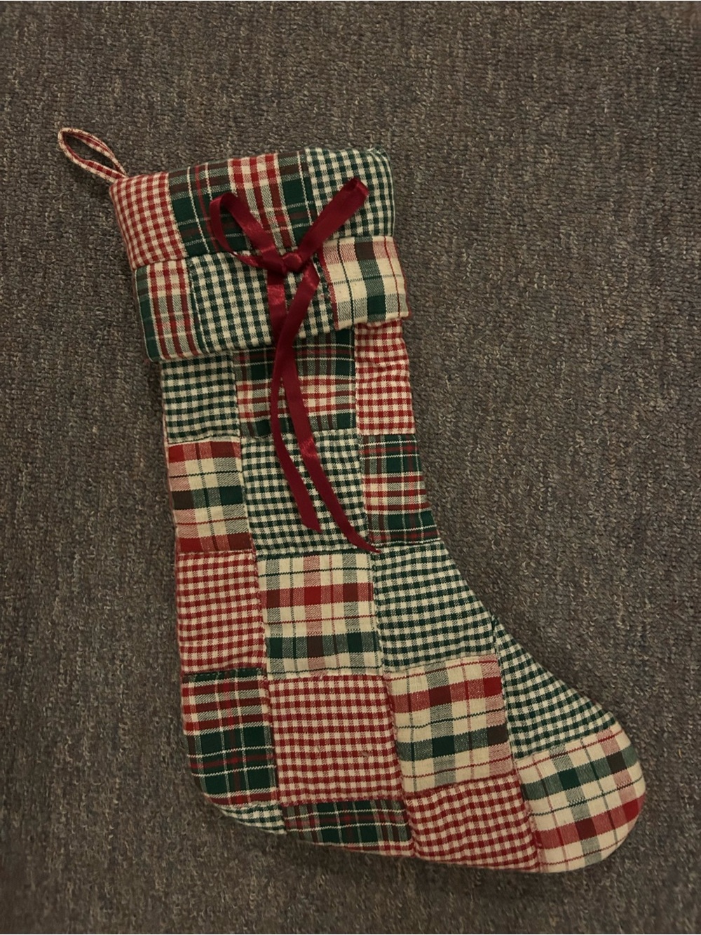 Quilted Plaid Patchwork Christmas Stocking Fabric Hanging Loop primitive red